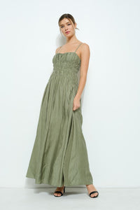 Sage Satin Ruched Detailing Sleeveless Maxi Dress