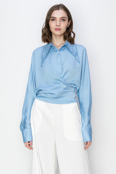 Blue Satin Wrap Cross Knot Detail Shirt Top
