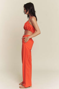 Orange Linen Halter Tie Top With Matching Pants Set
