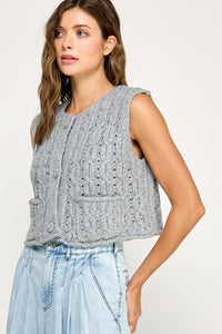 Heather Grey Cable Knit Button Front Sleeveless Vest