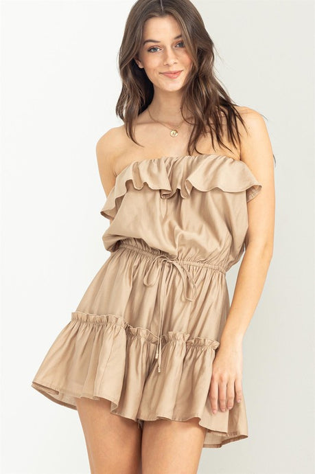 Mocha One Ruffled Strapless Romper