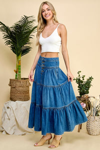 Front Button 3 tiered Denim Skirt