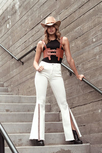 Off White High Waist Denim Flare Jeans With Jacquard Tape