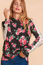 Floral Printw/Crochet Lace Knit Hooded Top