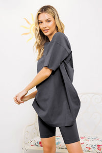 Charcoal Knit Oversize Tee Shirt An Shorts Casual Biker Set