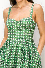 Green/White Satin Trellis Print Bustier Flared Midi Dress