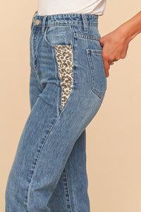 Vintage Blue High Waist Leopard Print Pocket Ripped Ankle Jeans