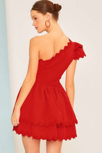 Red One Shoulder Scallop Edge Trim Solid Dress