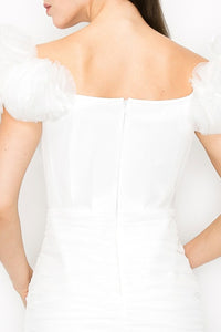 White V-Neck Off Shoulder Mesh Metal Detail Mini Dress
