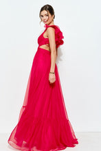 Red Organza Shoulder Strap Cutout Lace-up Maxi Dress