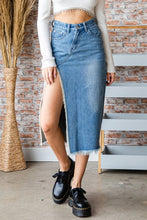 Med Wash Front And Back Slit Denim Long Skirt