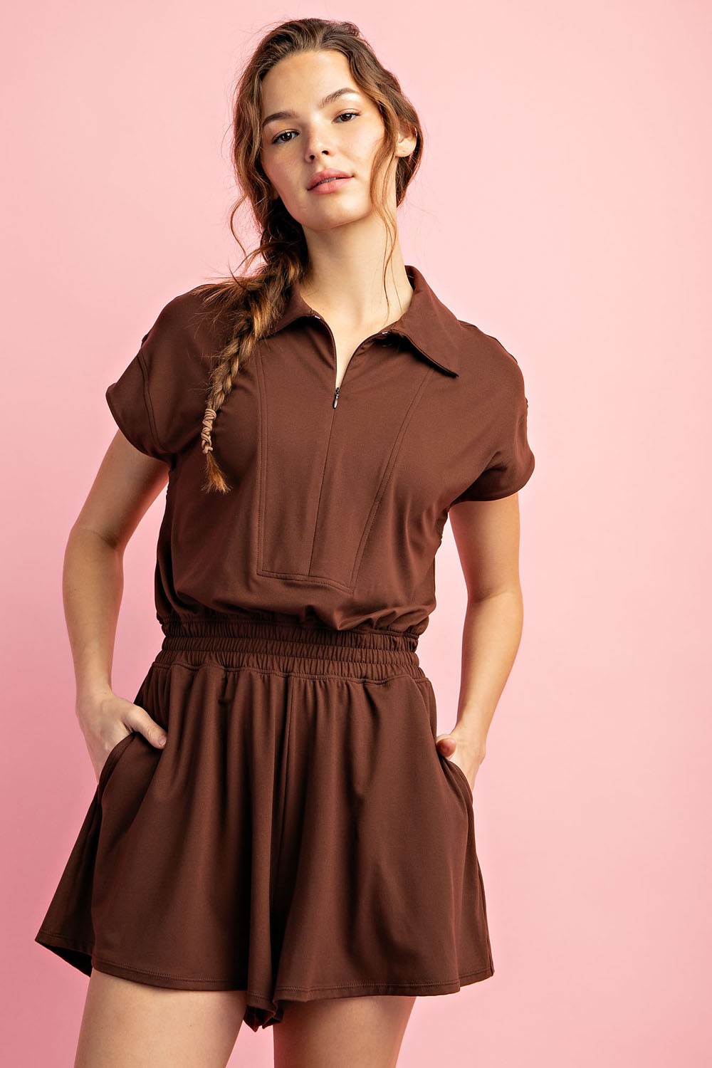 Java Butter Short Sleeve Quarter Zip Romper