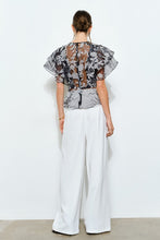 Black Sheer Floral Stripe Print Ruffle Blouse