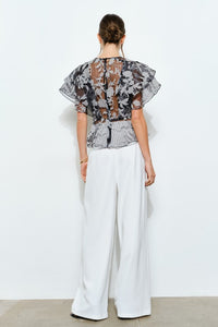 Black Sheer Floral Stripe Print Ruffle Blouse