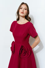 Burgundy Elegant Rose Applique A-line Midi Dress