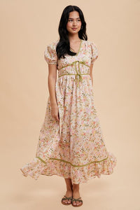 Pink Coral Multi Bow Detail Floral Contrast Puff Dress