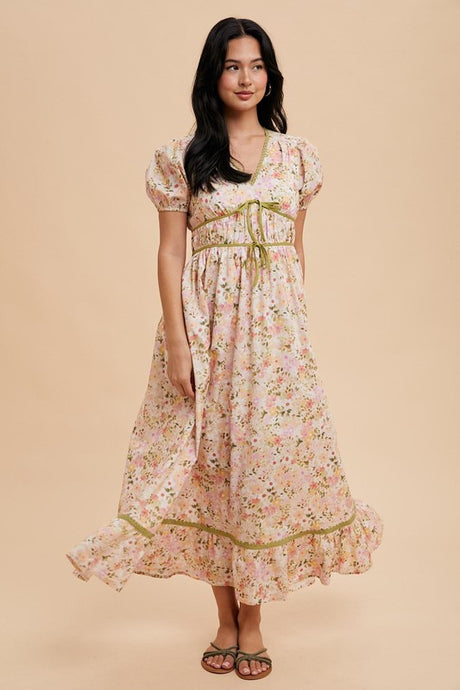 Pink Coral Multi Bow Detail Floral Contrast Puff Dress