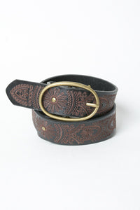 Black Floral Stitch Oval Buckle Belt
