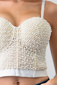 White Pearl Beaded Push Up Bustier Bra Crop Top