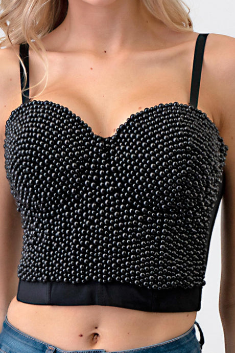 Black Pearl Beaded Push Up Bustier Bra Crop Top