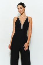 Black Crystal Trim Deep V Cross Back Jumpsuit