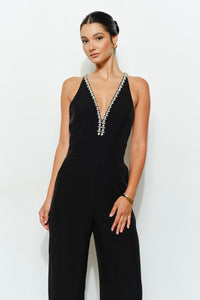 Black Crystal Trim Deep V Cross Back Jumpsuit