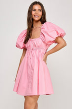 Pink Square Neck Bubble Sleeve Mini Dress