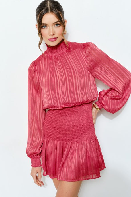 Rose Long Puff Sleeve Lurex Stripe Smocked Mini Dress