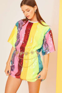 Neon Rainbow Color Block Sequin Tunic Top
