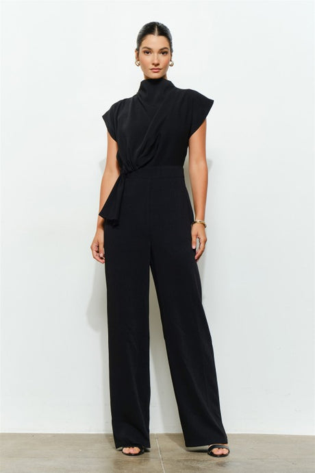 Black High Neck Draped Waist Cap Sleeve Jumpsuit