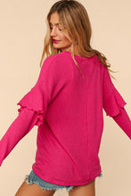 Fuchsia Drop Shoulder Ruffle Loose Fit Solid Knit Top