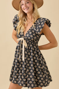 Black Deep V-neck Mini Dress With Bubble Sleeve And Hem