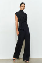 Black High Neck Draped Waist Cap Sleeve Jumpsuit