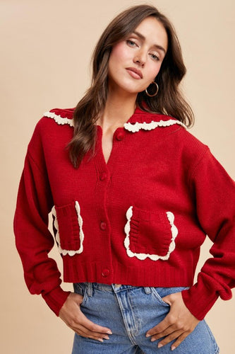 Crimson Doll Collar Button Up Cardigan