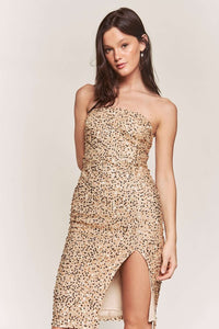 Gold Sequin Tube Slit Midi Dress