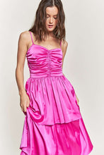 Fuchsia Satin Ruched Multi Layer Maxi Dress