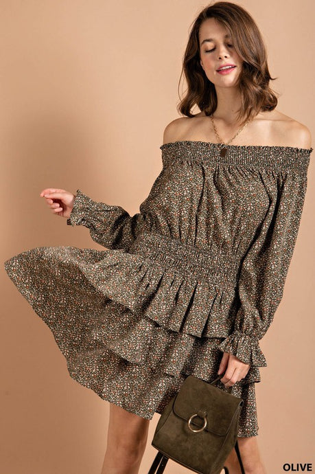 Olive Smocked Neckline Mini Dress With Tiered Layers