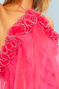 Fuchsia Tie Neck Back Zipper Ruffle Organza Mini Dress