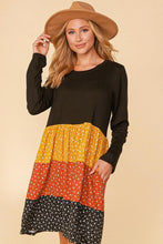 Black/Mustard/Rust Plus Floral Color Block Tiered Babydoll Dress