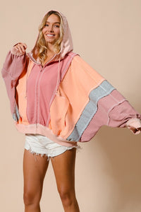 Marsala/Peach Raw Edge Color Block Washed Terry Zip Up Hoodie