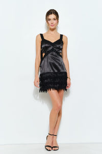 Black Satin Lace Trim Mini Dress With Back Bow