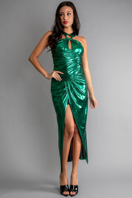 Hunter Green Women Shiny O-Ring Trim Keyhole Long Dress