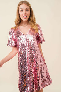 Light Pink Big Sequin V-neck Mini Dress