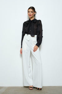 Black Sheer Embroidered Butterfly Bow Tie Blouse