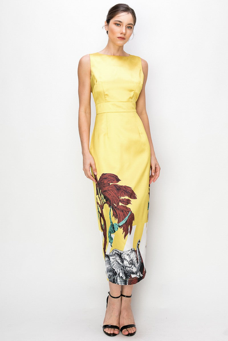 Yellow Wild Print Bodycon Midi Dress – Aquarius Brand