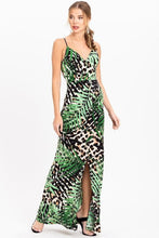 Green Tropical Leaf Anial Print Maxi Dress