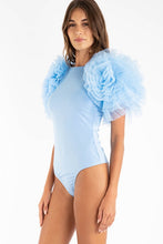 Light Blue Solid Exaggerated Bodysuit W Mesh Ruffle Sleeves