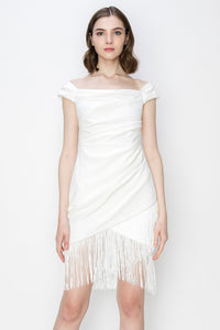 White Fringe Bateau Neck Stretch Mini Dress