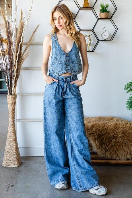Med Wash Western Denim Vest And Wide Pant Set