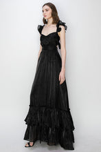 Black Shimmery Woven Ruffle Shoulder Tiered Maxi Dress